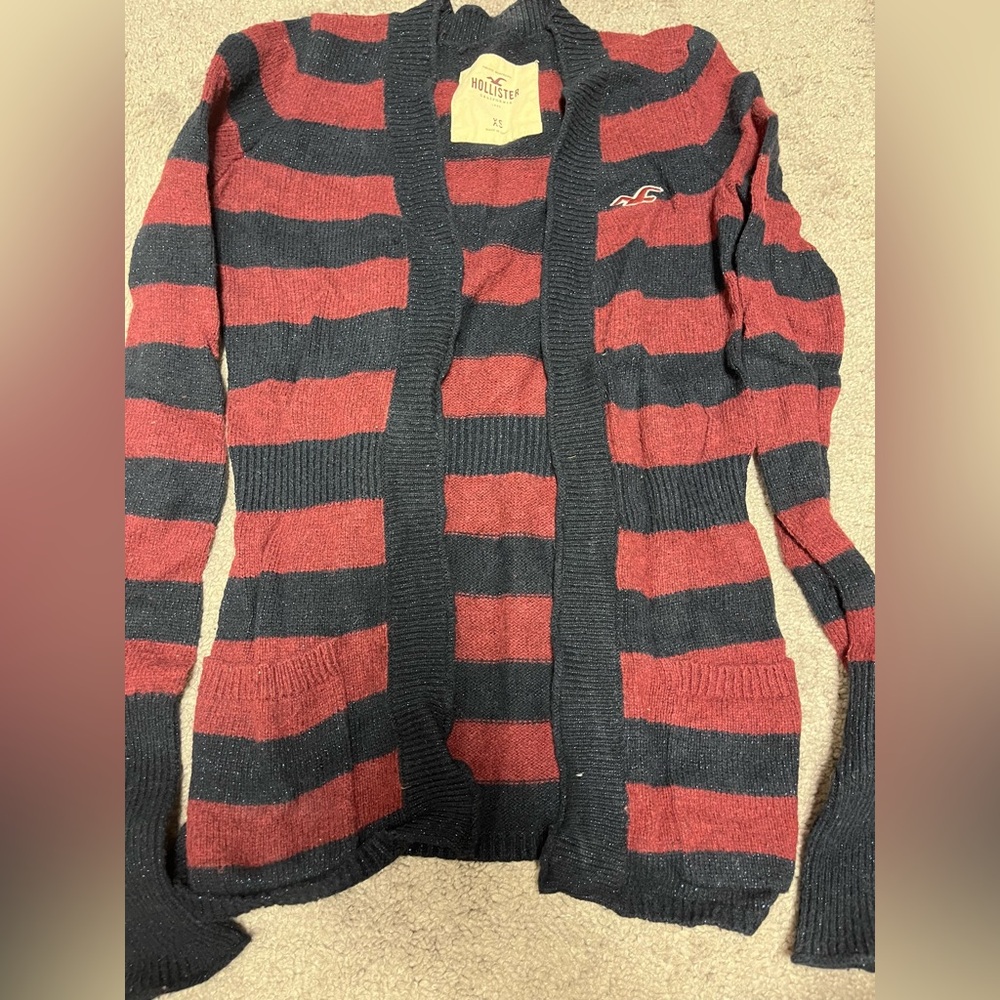 Hollister Women's Maroon & Navy Striped Open Cardigan